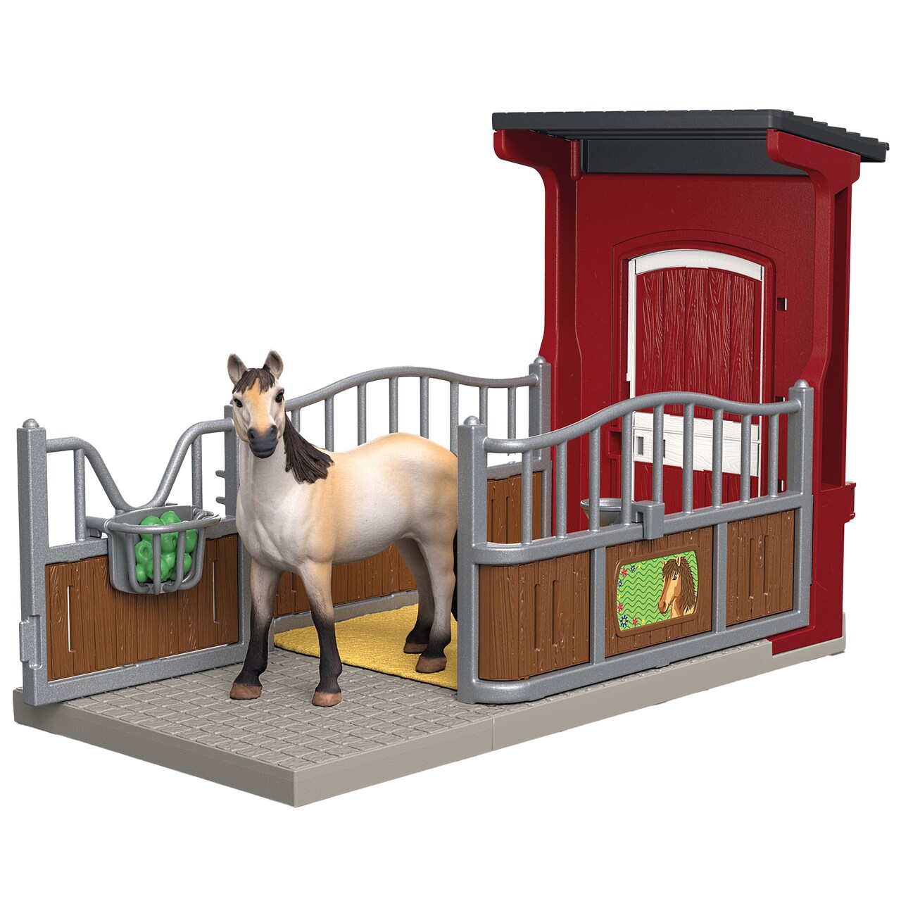 Schleich Farm World: Ponybox & Mustang Mare - 4pc Animal Toy Playset, Gate Horse Stall, Detailed Figurine & Apple Accessories, Name Tag, Kids Age 3+